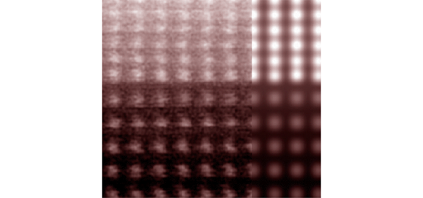 Atomic structure of the CoFe/MgO interface. Experimental electron microscopy image (left) and simulated image based on first principles theoretical prediction (right).